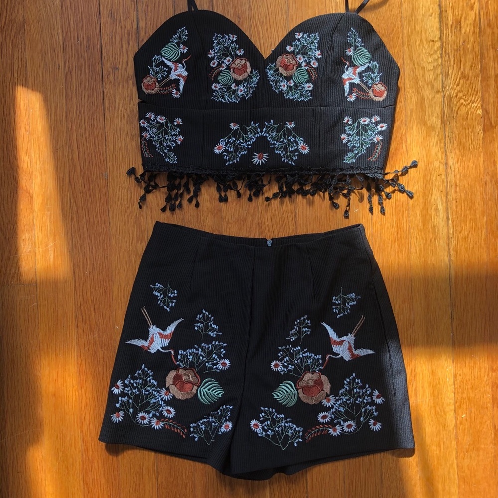 Black Patterned Two Piece Short and Crop Top Set